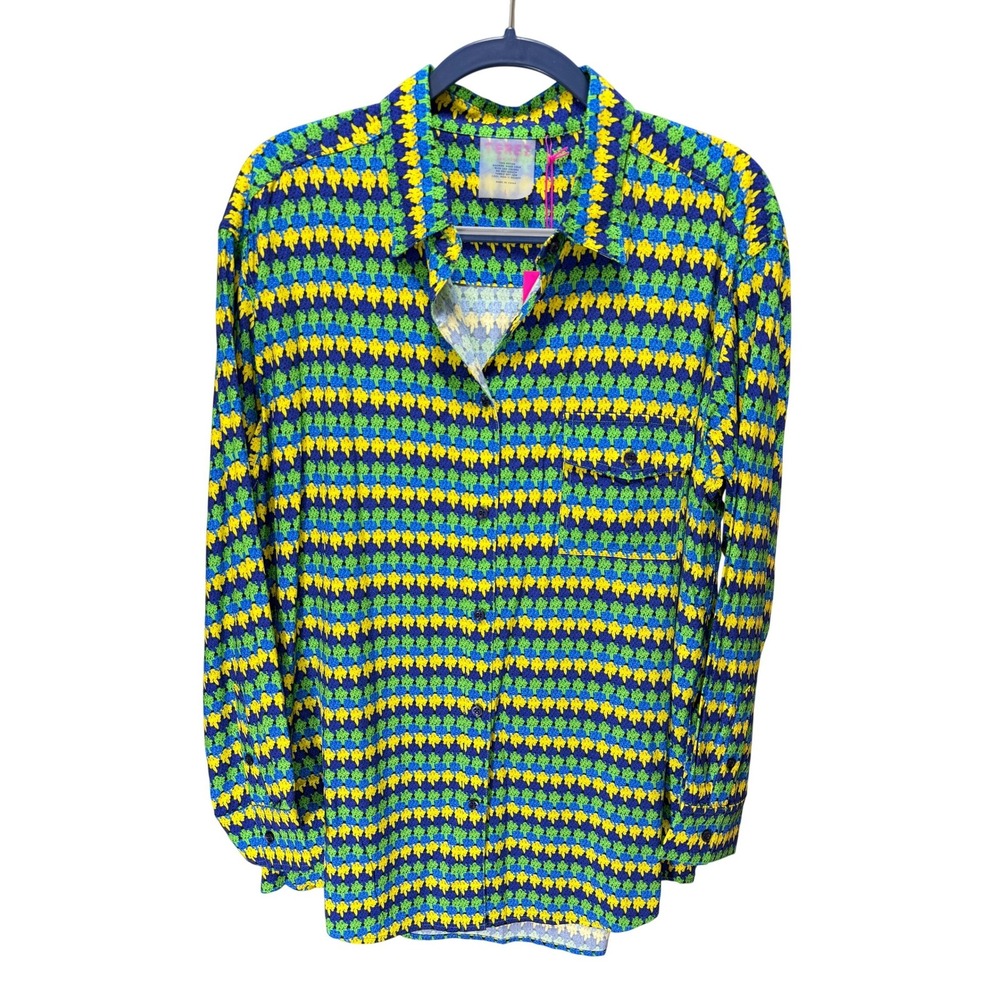 Terez Button Down Shirt Women L Blue Green Yellow Faux Crochet Print Long Sleeve